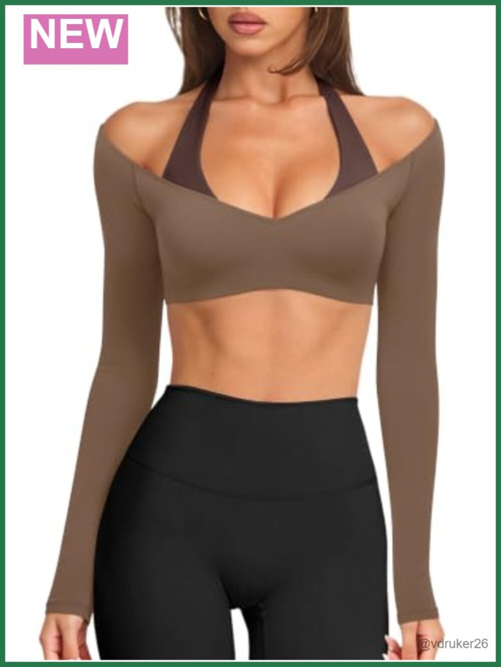 Halter Neck Long Sleeve Crop Top Built in Bra Workout Activewear
